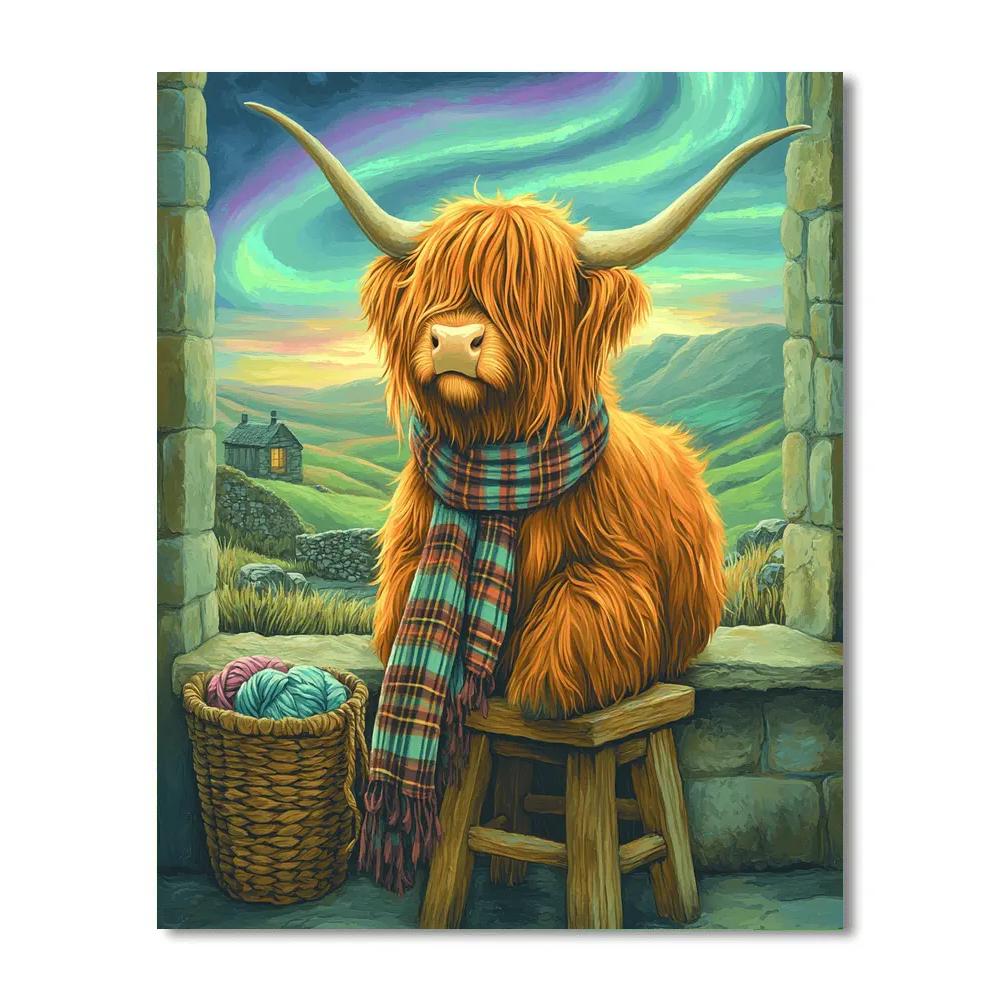 Highland Cow Aurora Knitting Circle paint by color