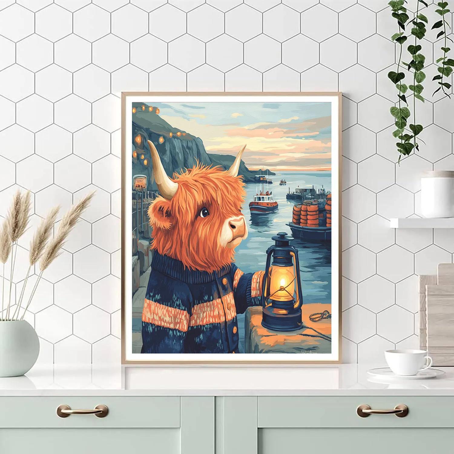 Harbor Lanterns With Highland Cow painting number kit