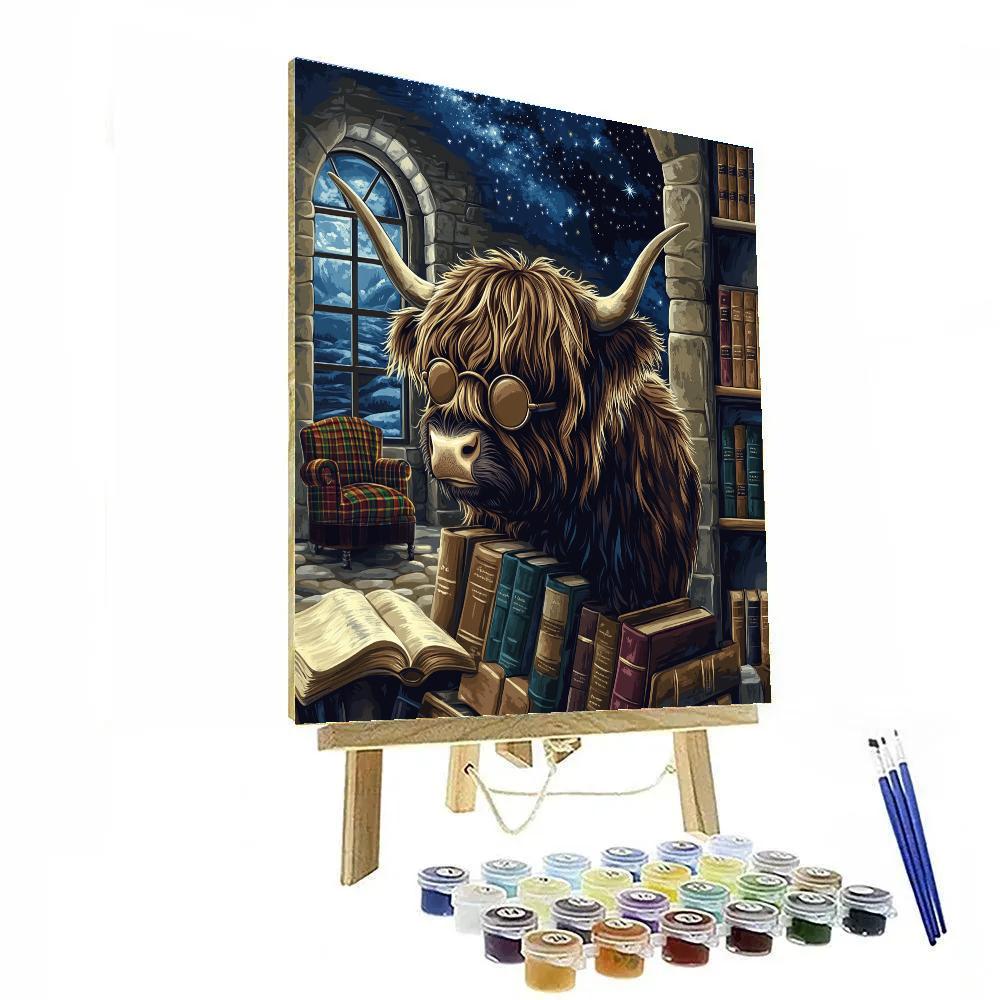 Midnight Library Highland Cow Number painting