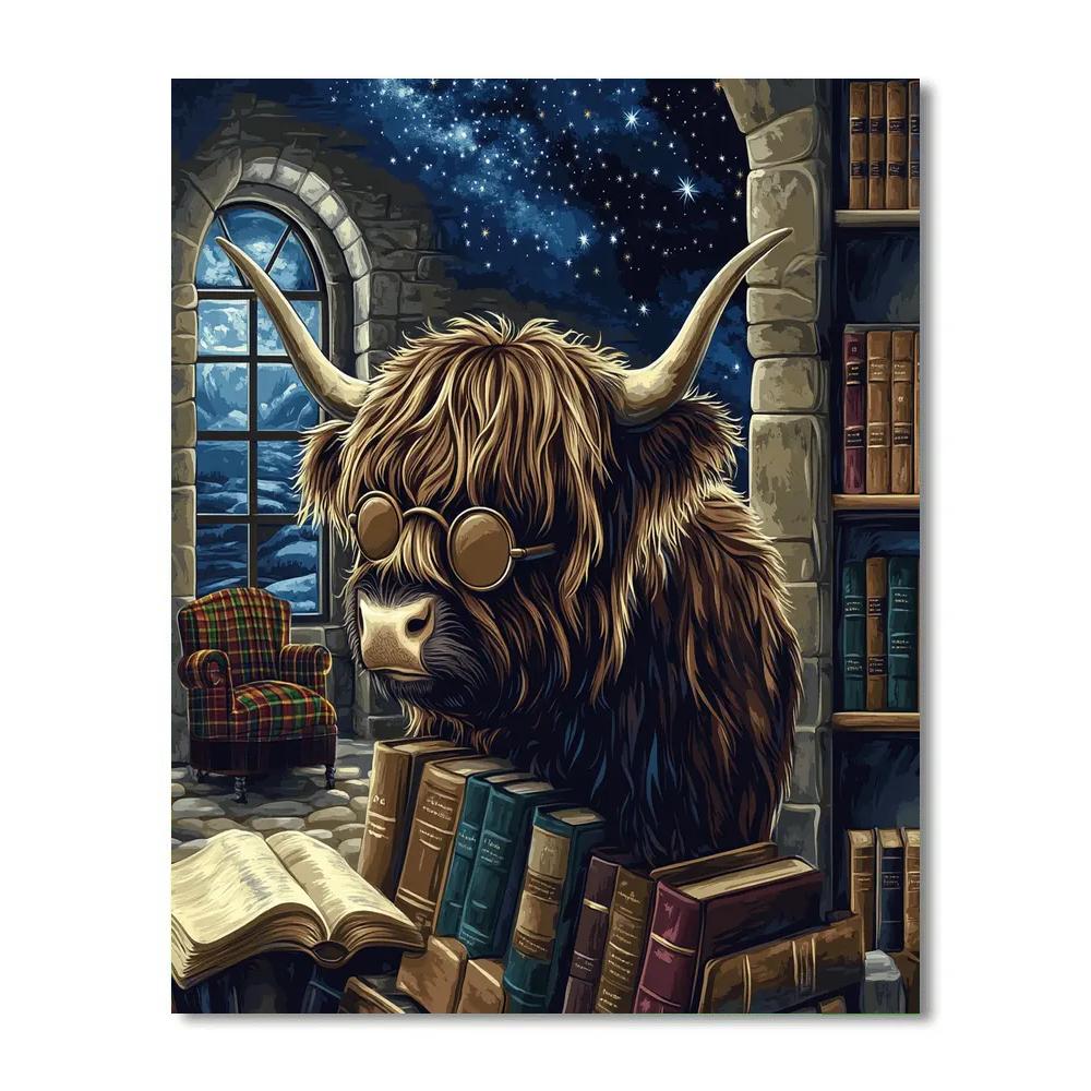 Midnight Library Highland Cow Number painting