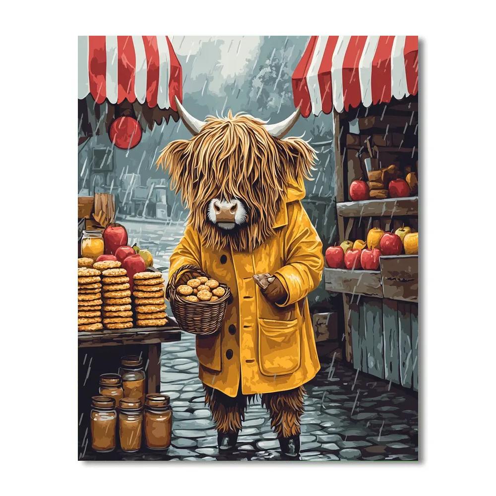Highland Cow Raincoat Market Day paint by number