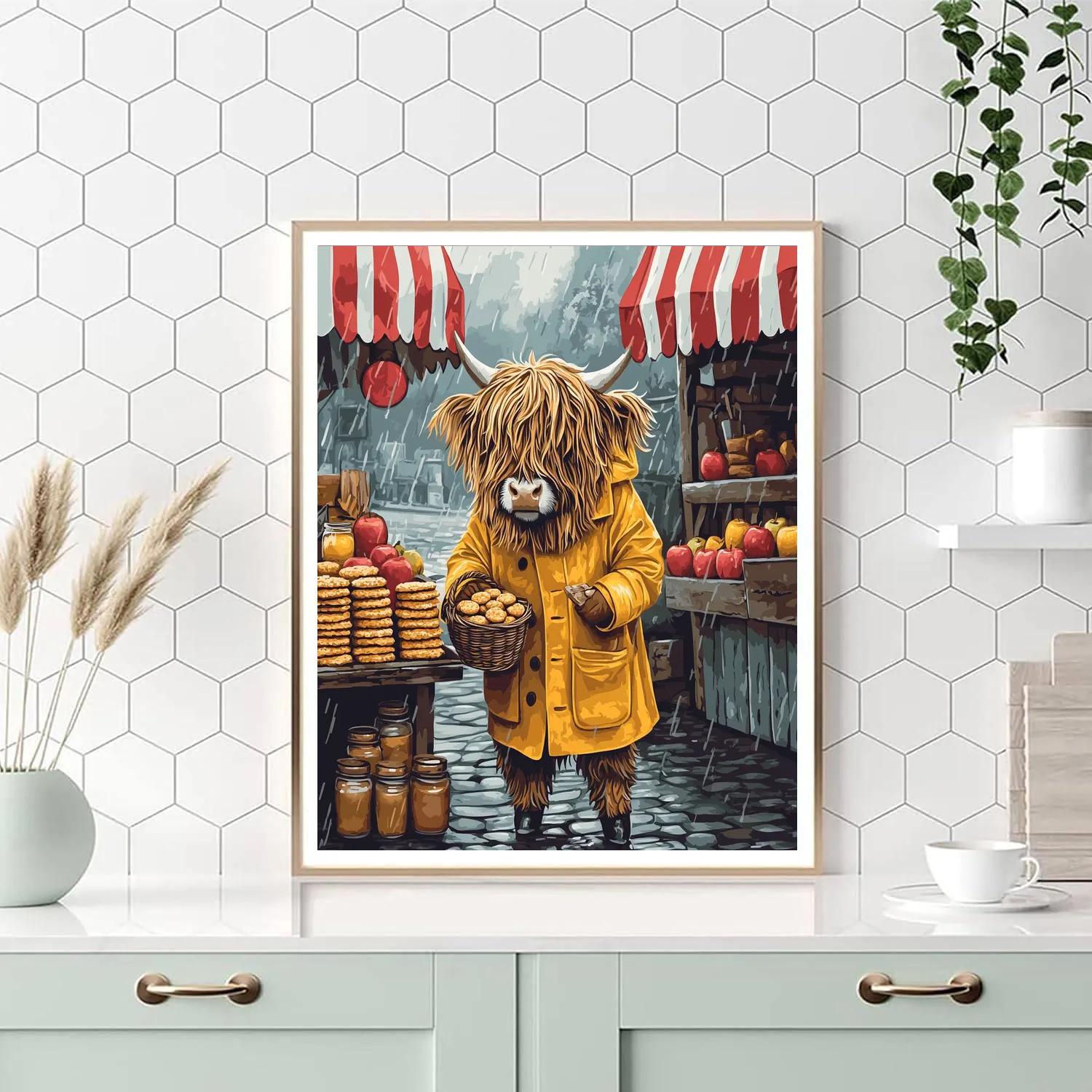 Highland Cow Raincoat Market Day paint by number
