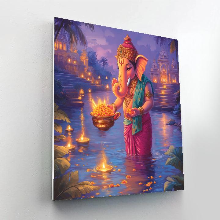 River Lantern Procession With Ganesha paint by color