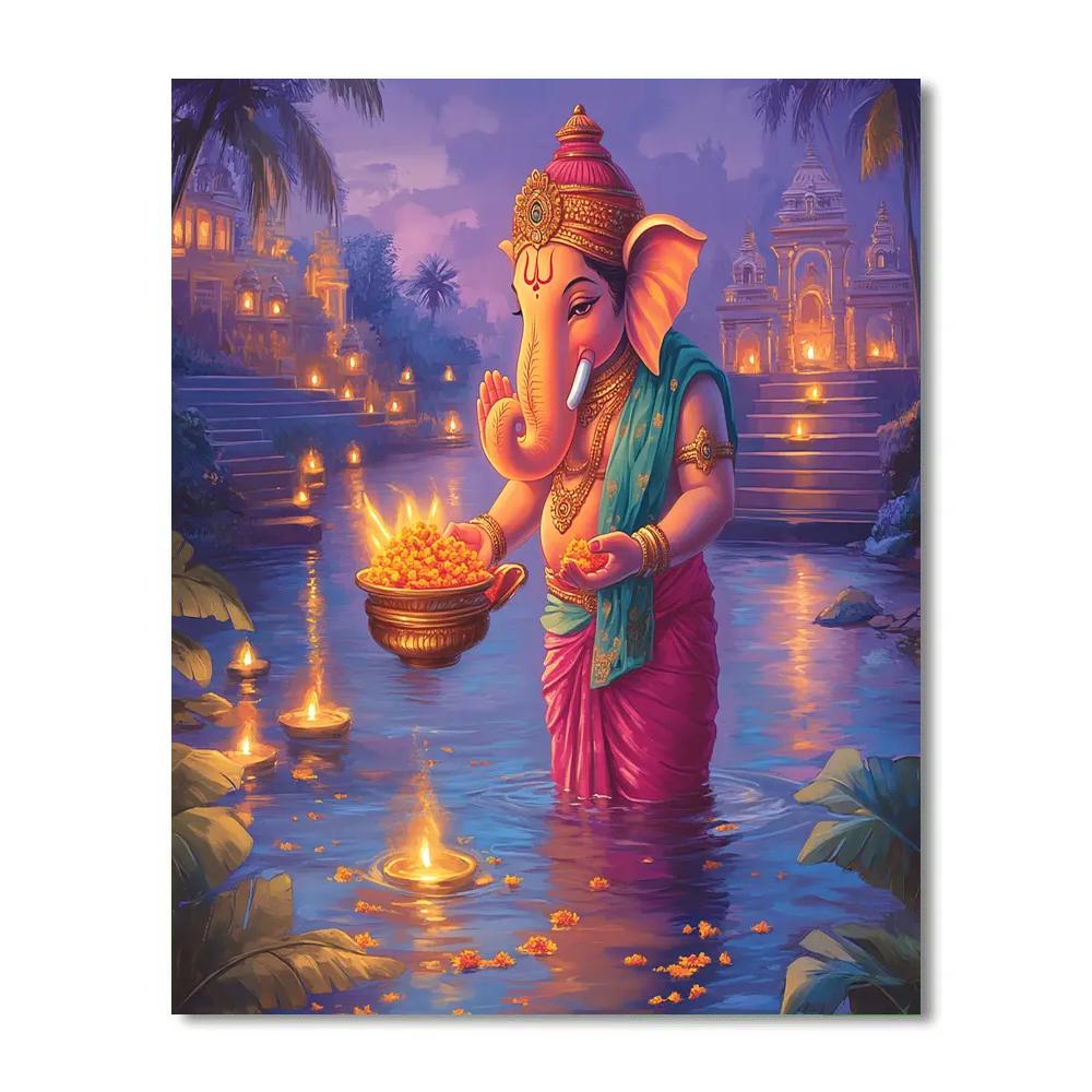 River Lantern Procession With Ganesha paint by color