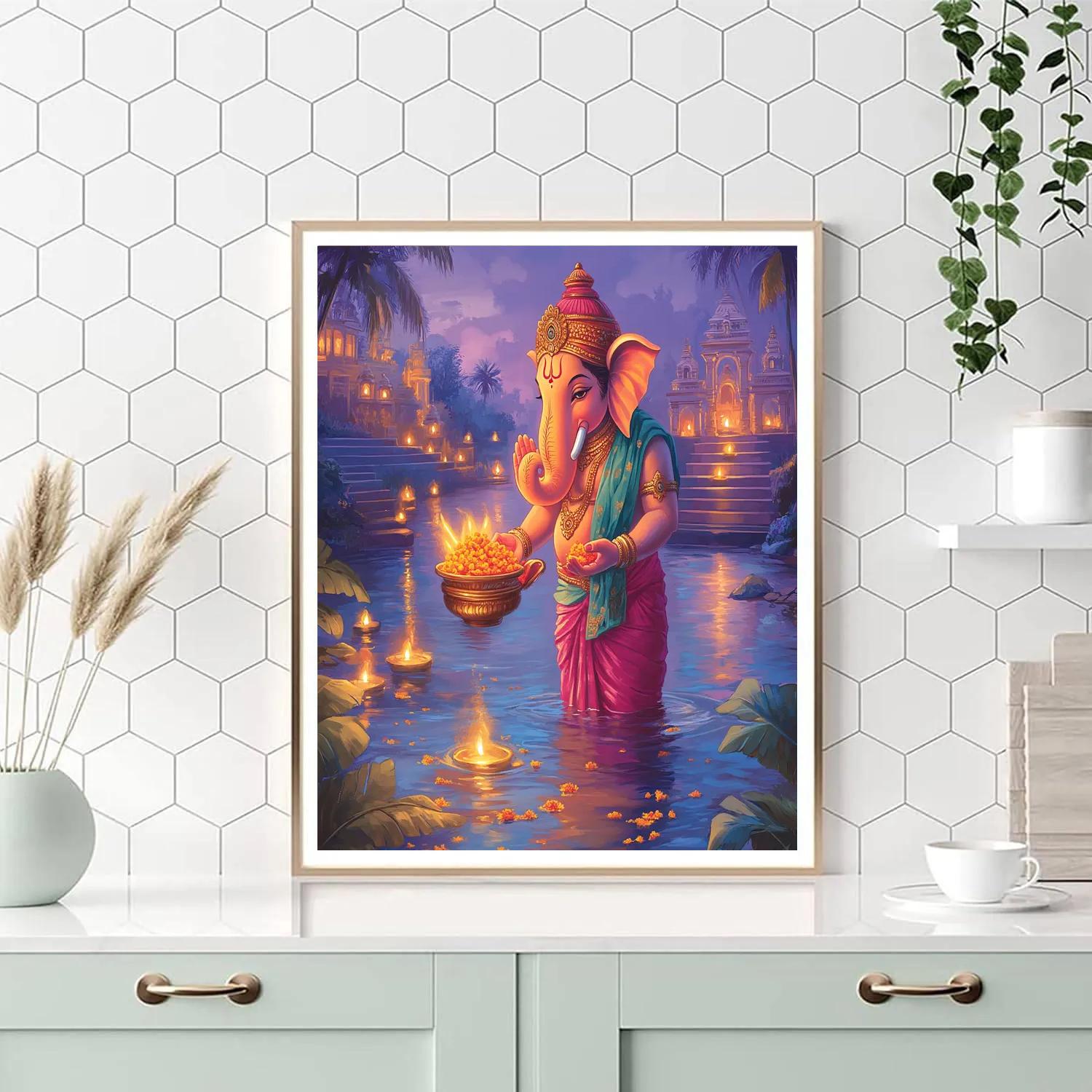 River Lantern Procession With Ganesha paint by color