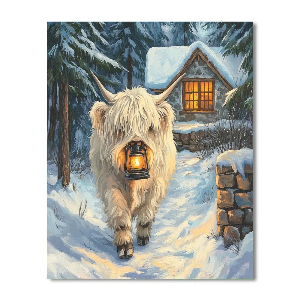 Highland Cow Snow Lantern Trail Paint by numbers kits