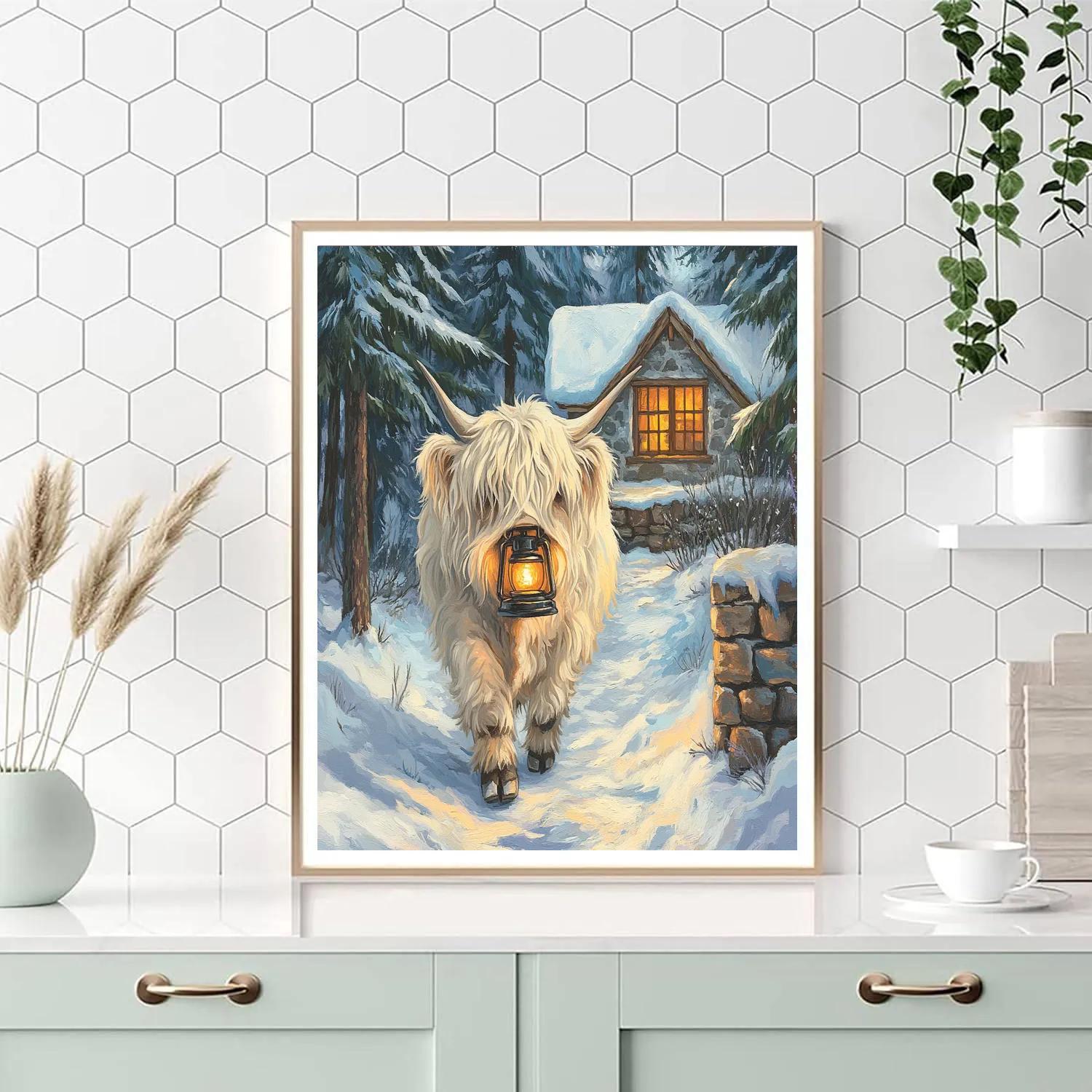 Highland Cow Snow Lantern Trail Paint by numbers kits