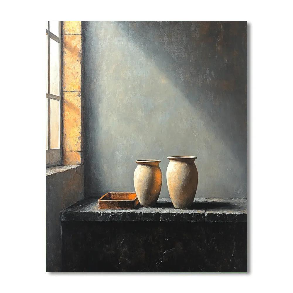 Diego Velázquez Inspired Silvery Bodegon Of Earthenware Jars In Mist Light DIY paint by numbers