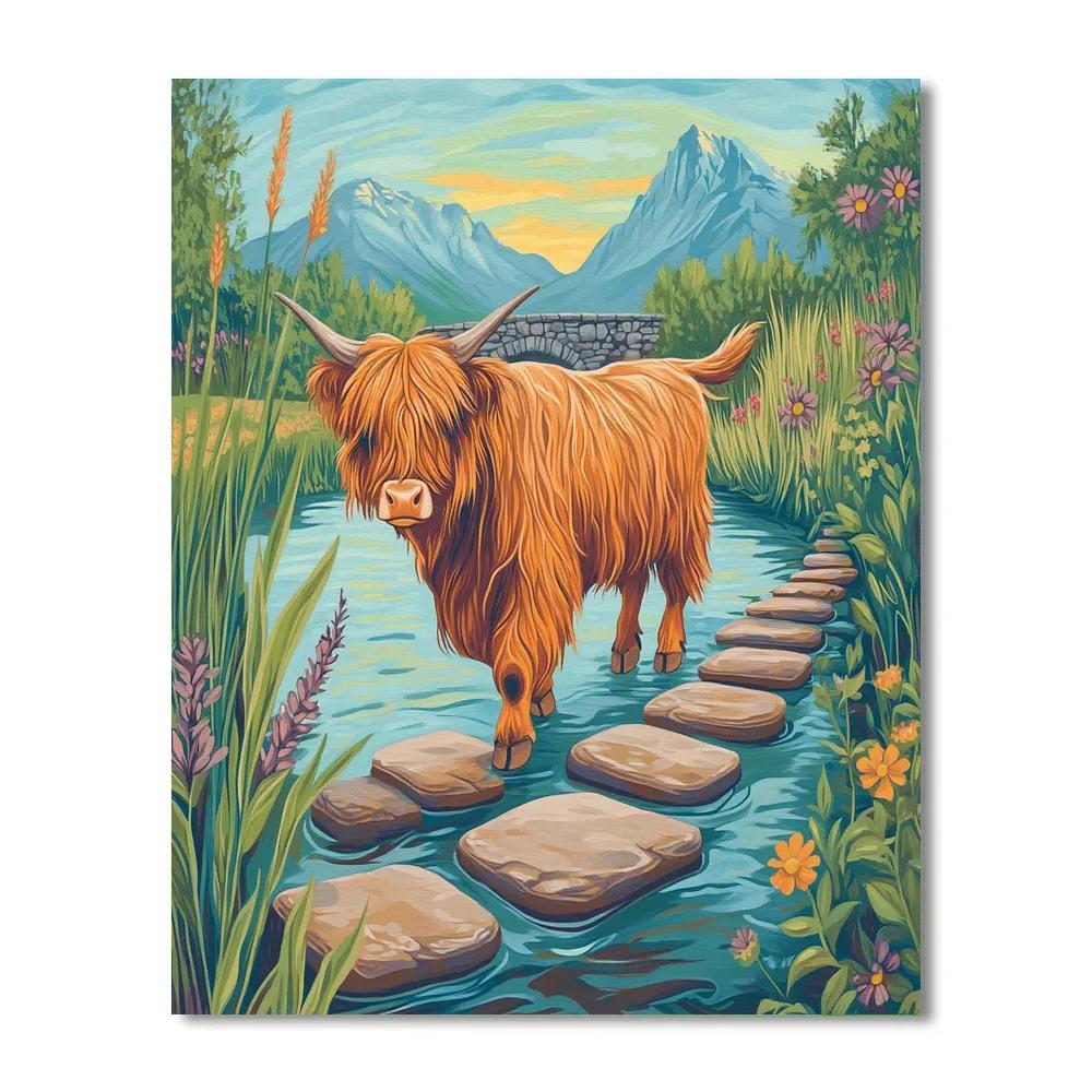 River Crossing Highland Cow Paint by numbers art