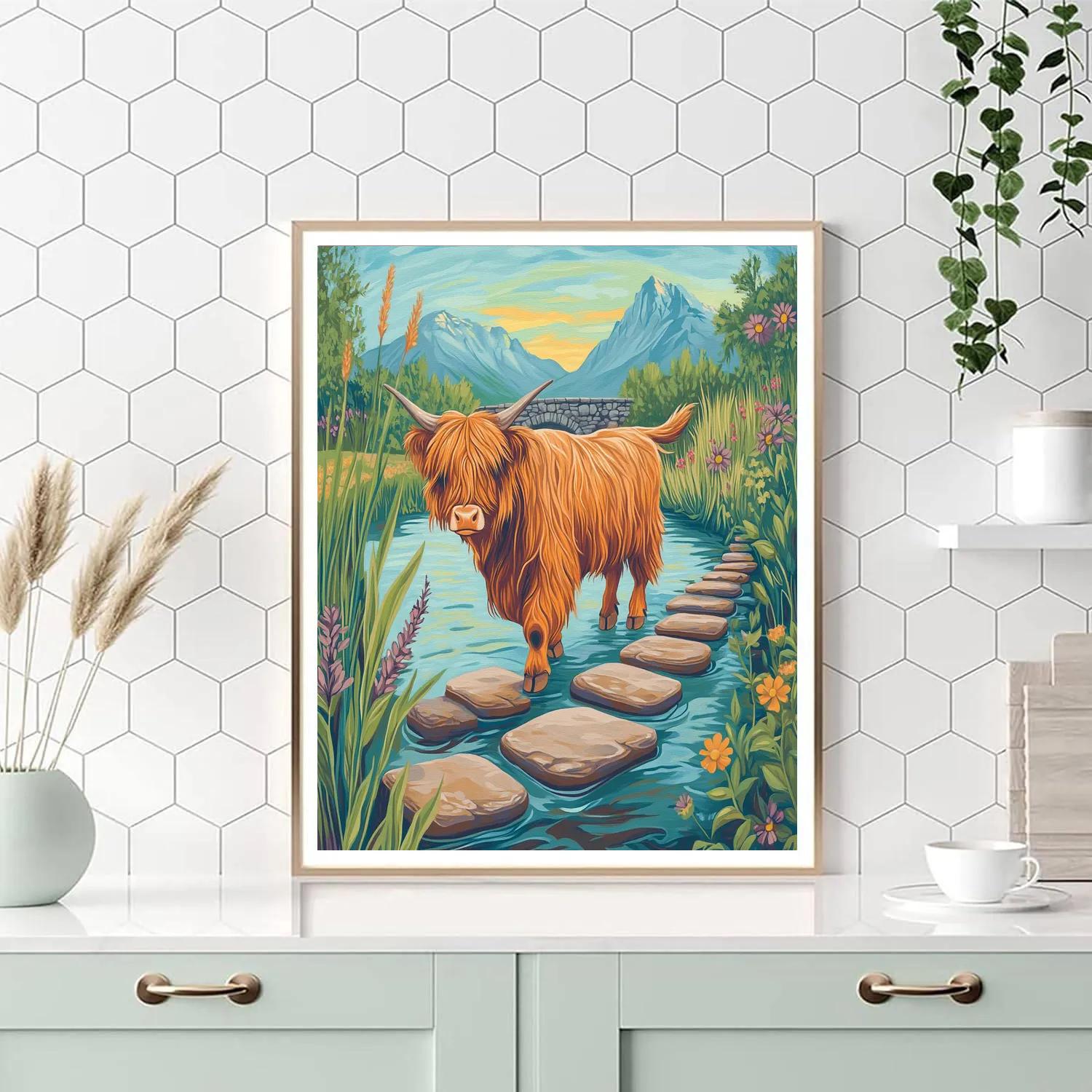 River Crossing Highland Cow Paint by numbers art
