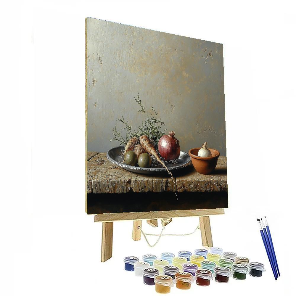 Diego Velázquez Inspired Market Still Life Of Root Vegetables And Pewter Plate painting number kit
