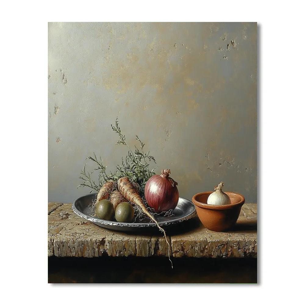 Diego Velázquez Inspired Market Still Life Of Root Vegetables And Pewter Plate painting number kit