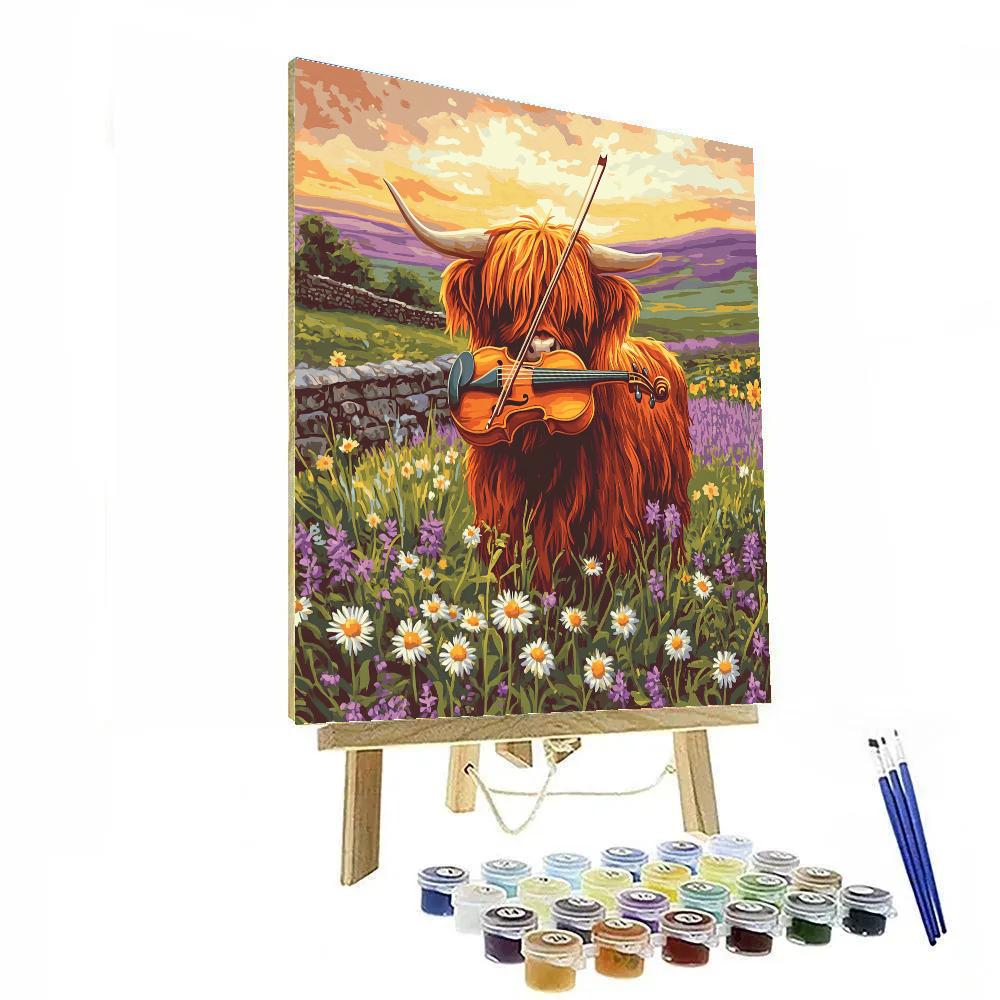 Highland Cow Meadow Violinist painting number kit