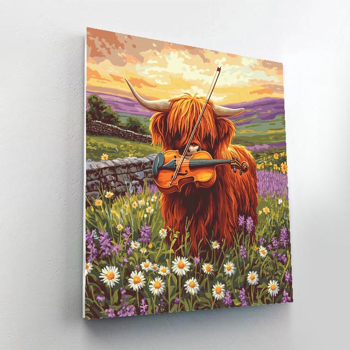 Highland Cow Meadow Violinist painting number kit