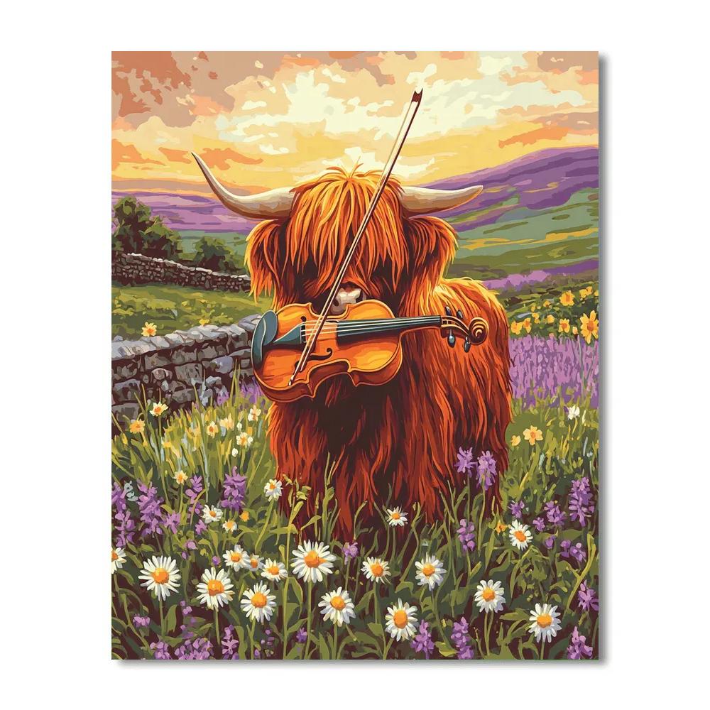 Highland Cow Meadow Violinist painting number kit