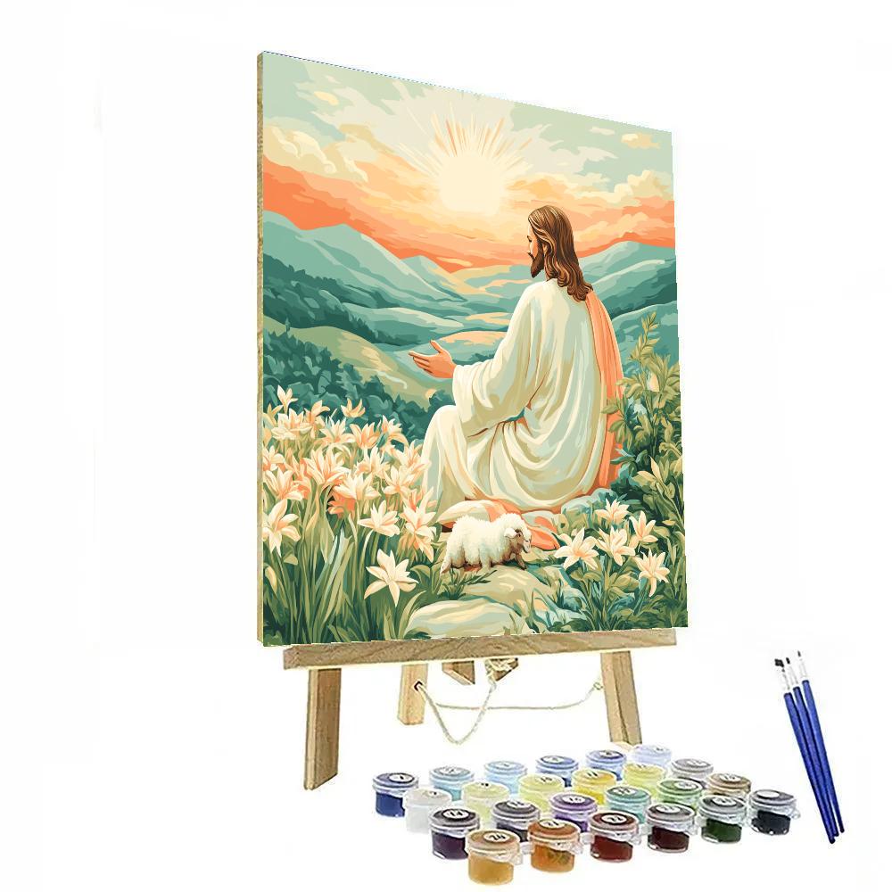 Hillside Sunrise, Jesus In Quiet Blessing paint by color