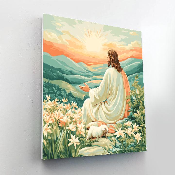 Hillside Sunrise, Jesus In Quiet Blessing paint by color