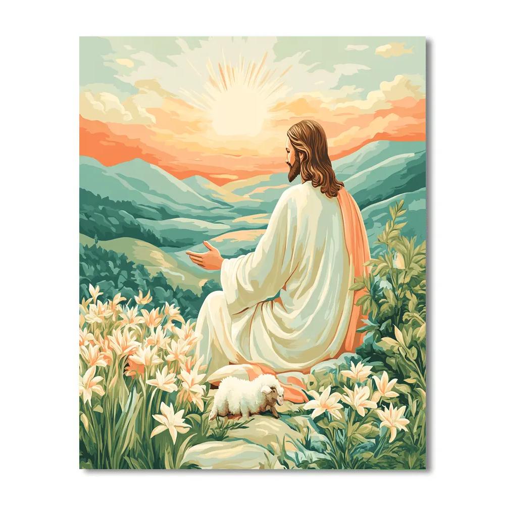 Hillside Sunrise, Jesus In Quiet Blessing paint by color