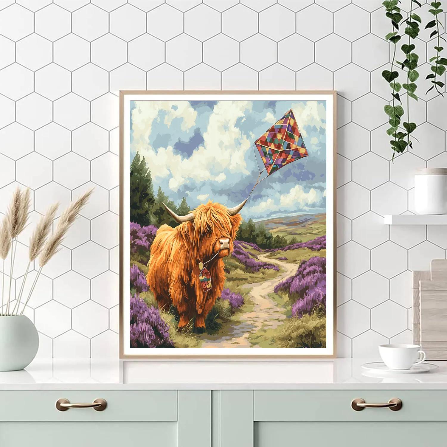 Highland Cow Kite On The Moor painting number kit