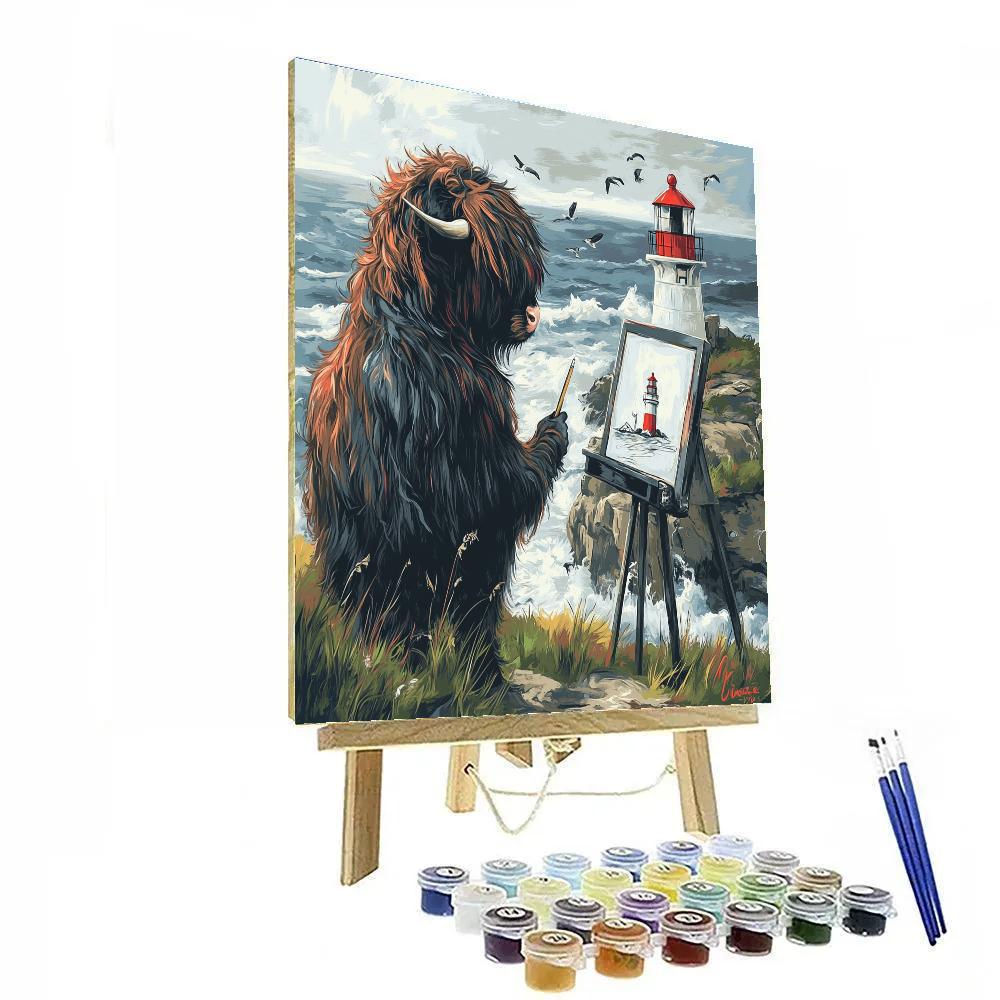 Highland Cow Lighthouse Sketch Number painting