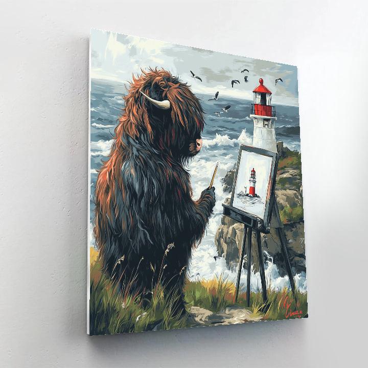Highland Cow Lighthouse Sketch Number painting