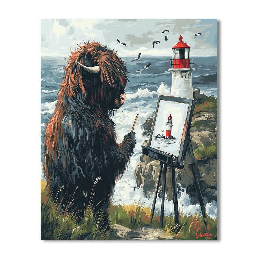 Highland Cow Lighthouse Sketch Number painting