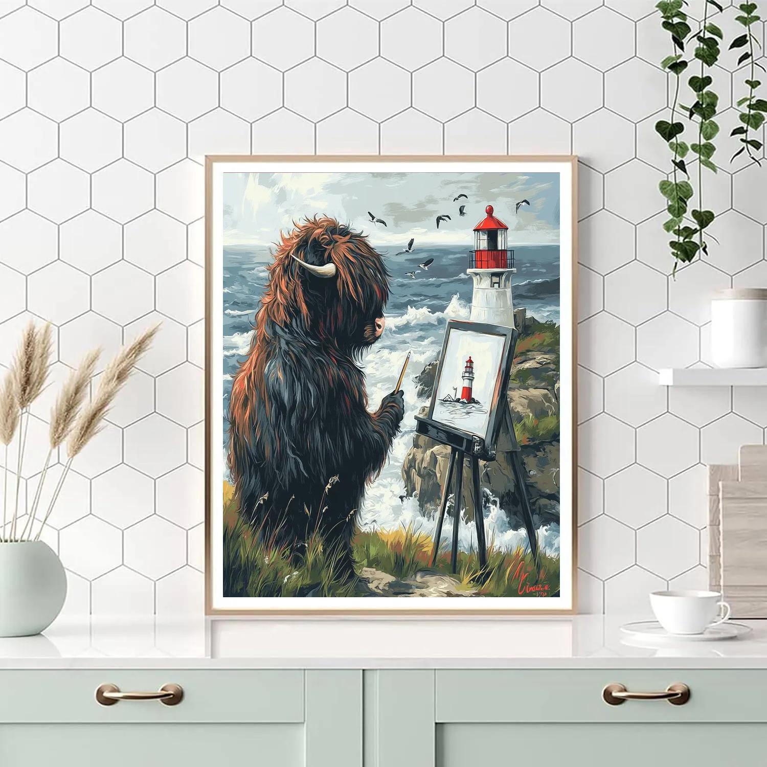 Highland Cow Lighthouse Sketch Number painting