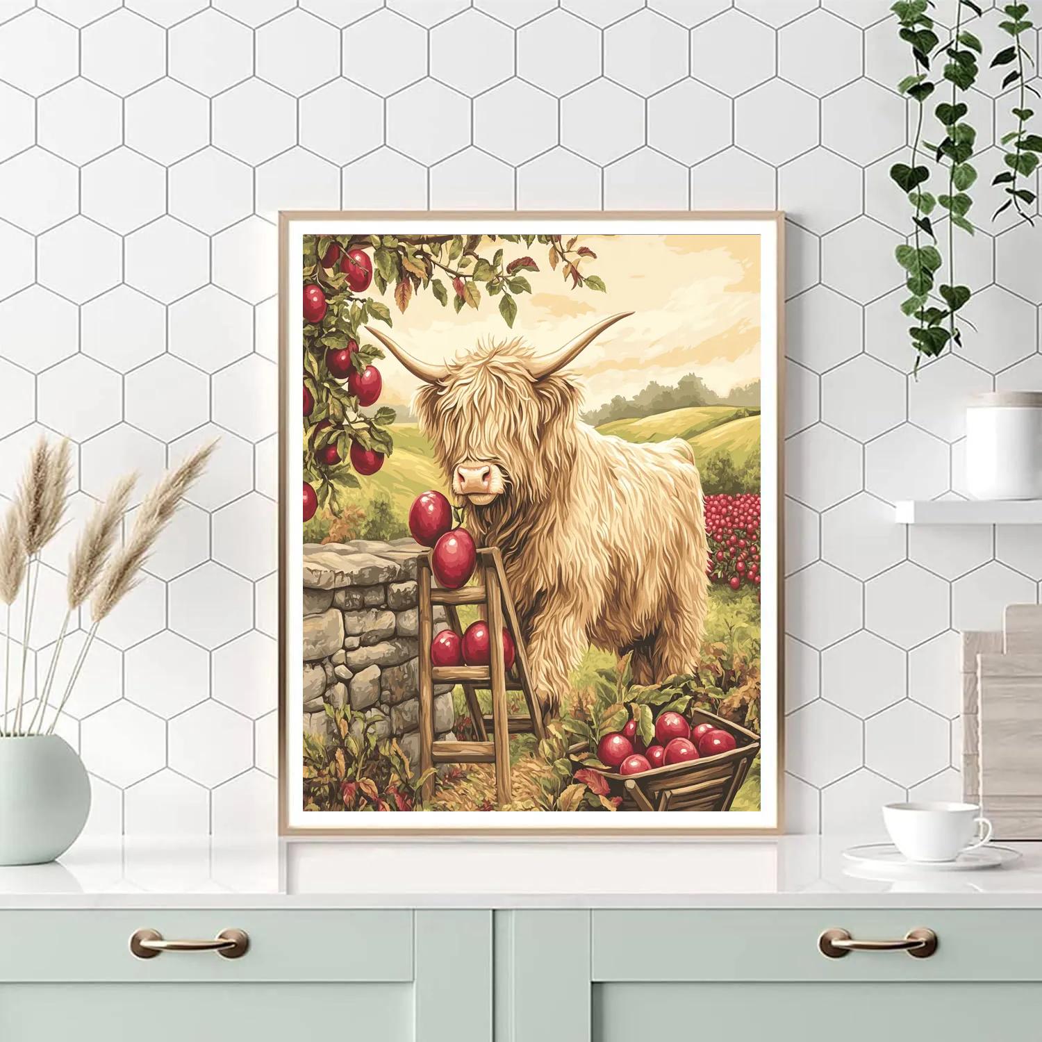 Highland Cow Orchard Ladder painting number kit
