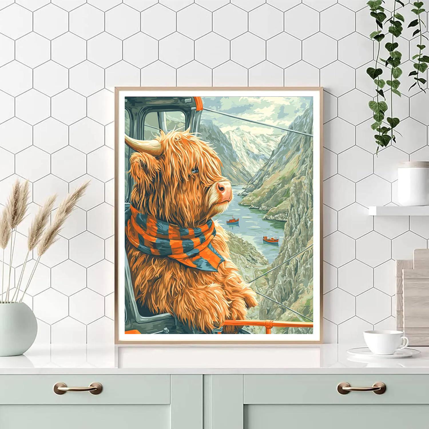 Highland Cow Mountain Tram Ride paint by number