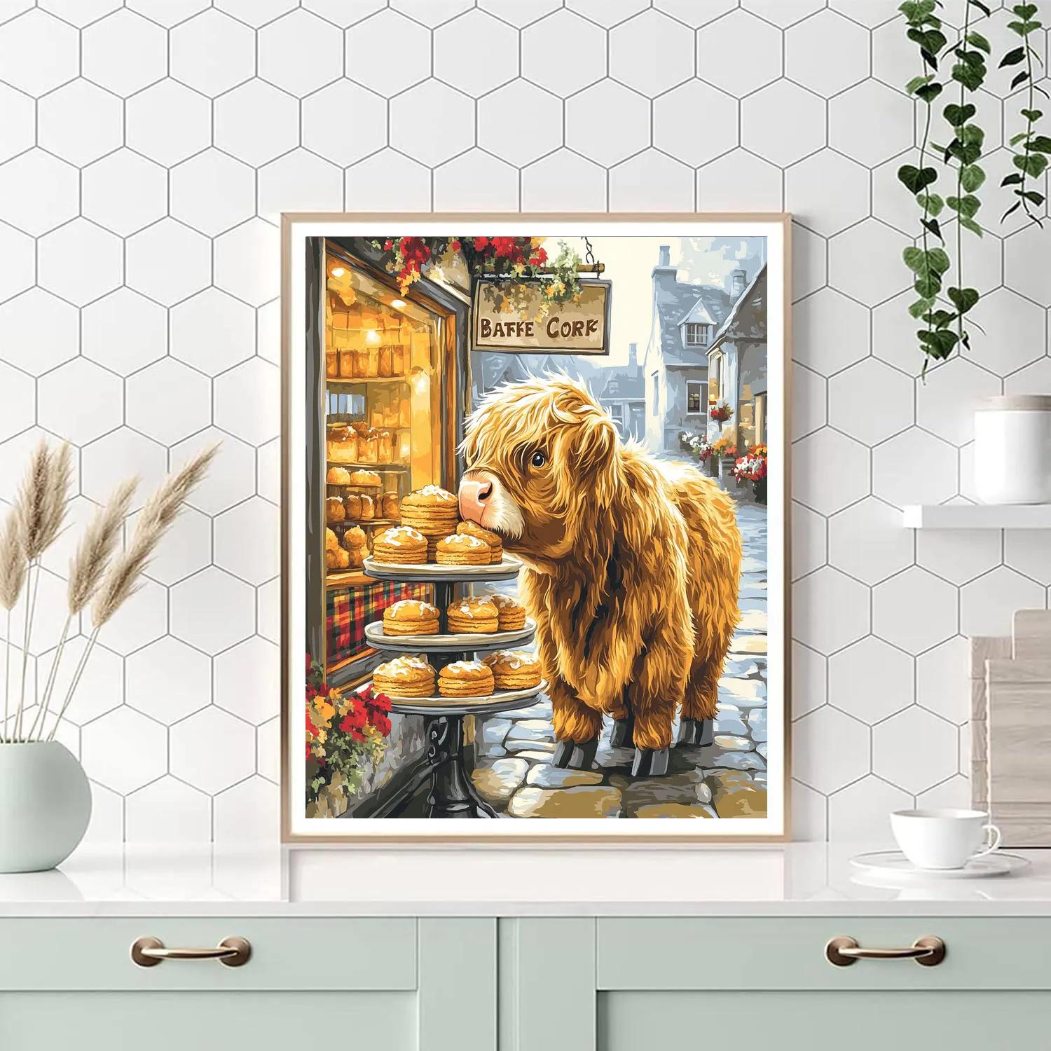 Highland Cow Bakery Window Paint by numbers art