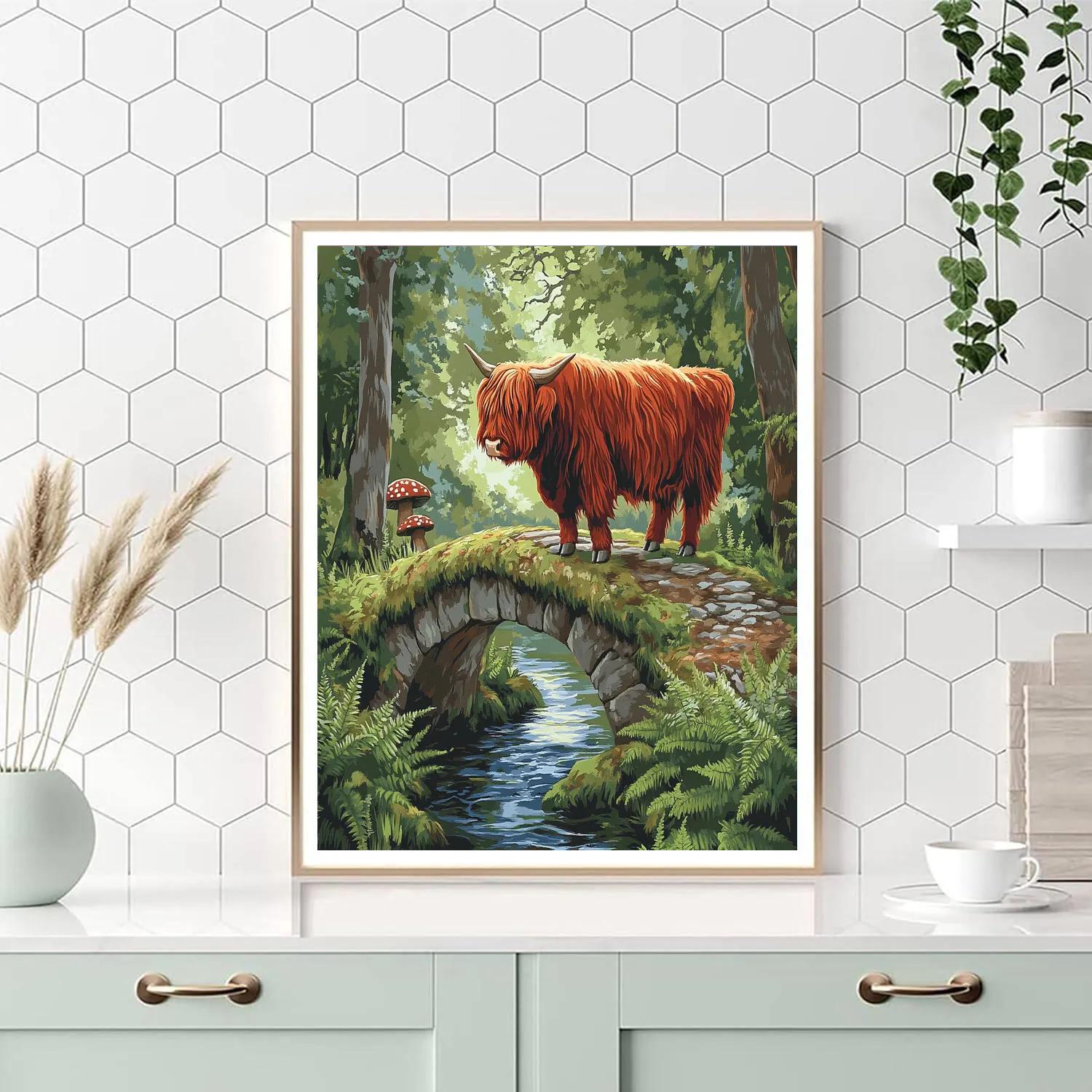 Highland Cow Mossy Bridge Pause DIY paint by numbers