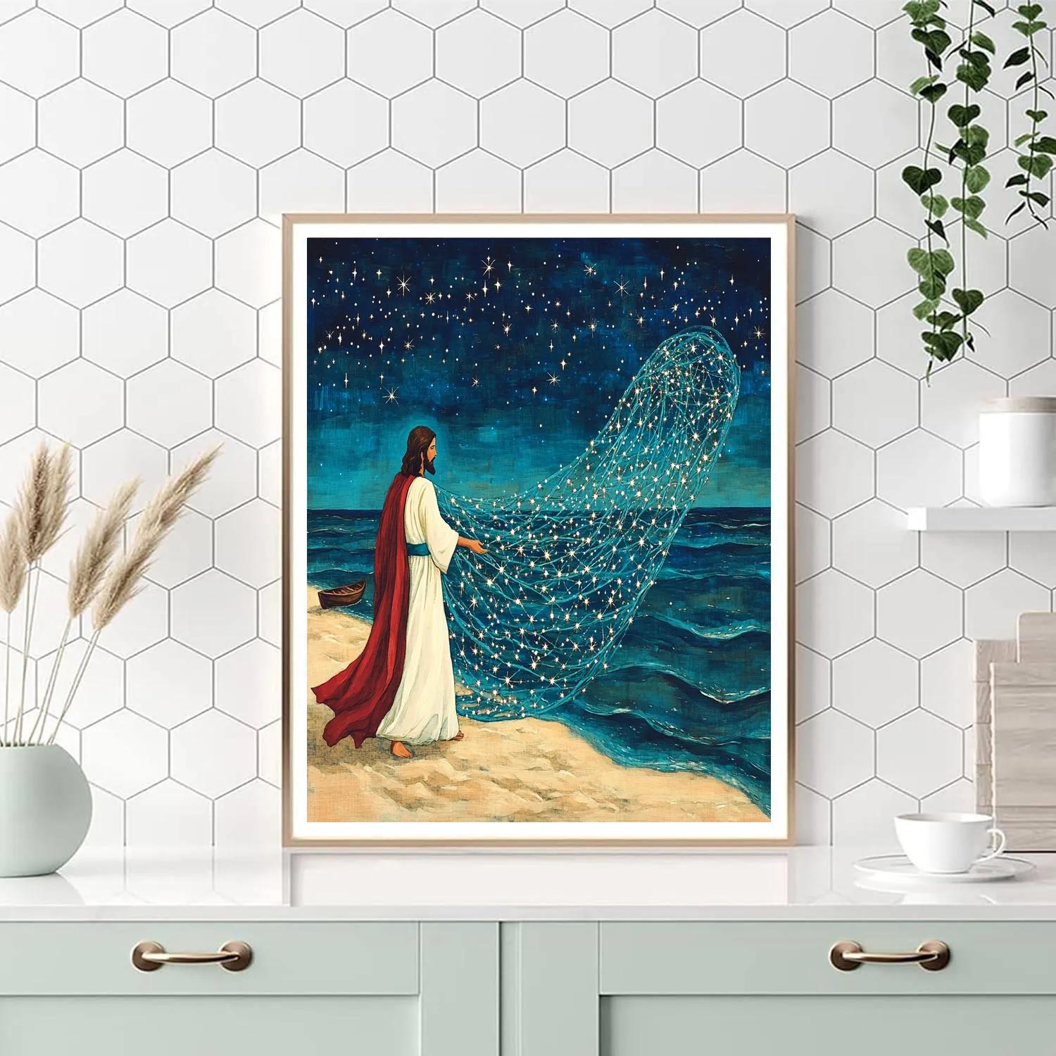 Jesus And The Constellation Fish Net Paint by numbers art