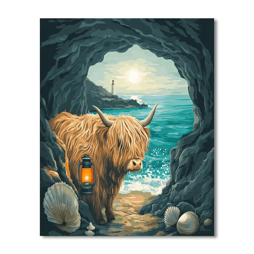 Seaside Cave Highland Cow Paint by numbers art