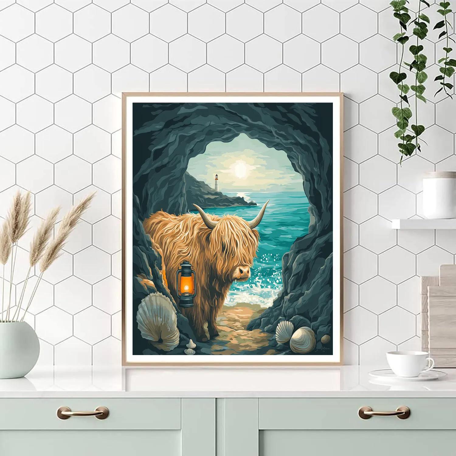 Seaside Cave Highland Cow Paint by numbers art