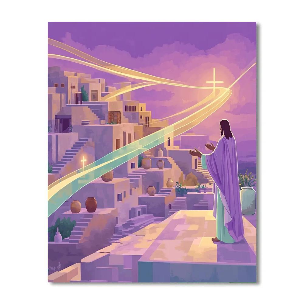 Jesus Healing Light Over City Rooftops painting number kit