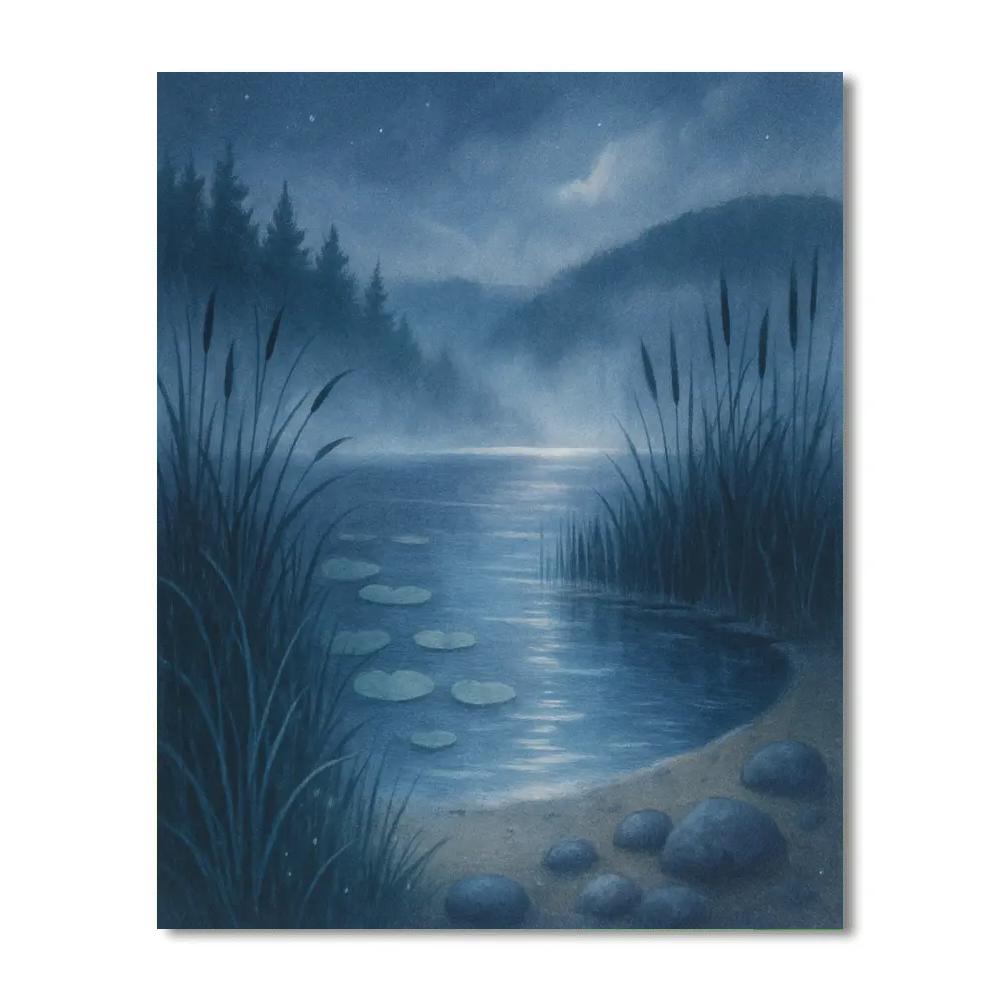Moonlit Reed Bay Under Indigo Fog paint by color