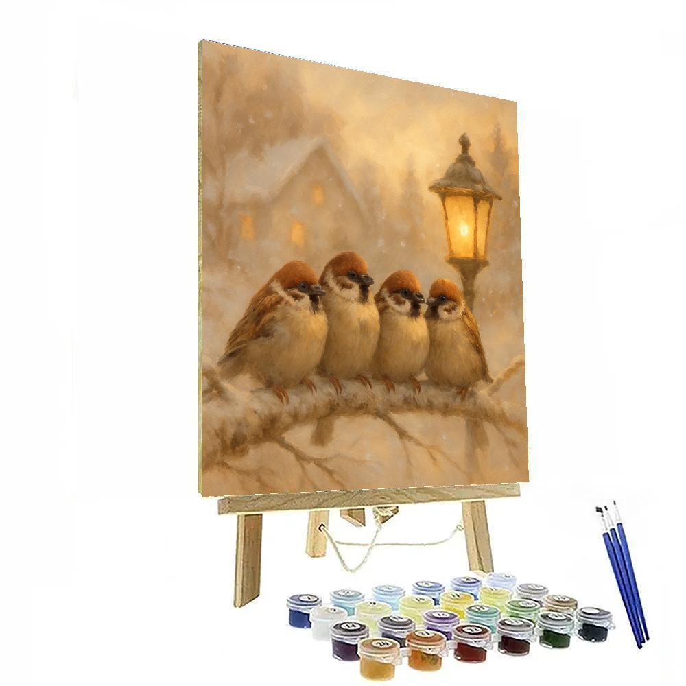 Lantern Glow Among Winter Sparrows paint by numbers