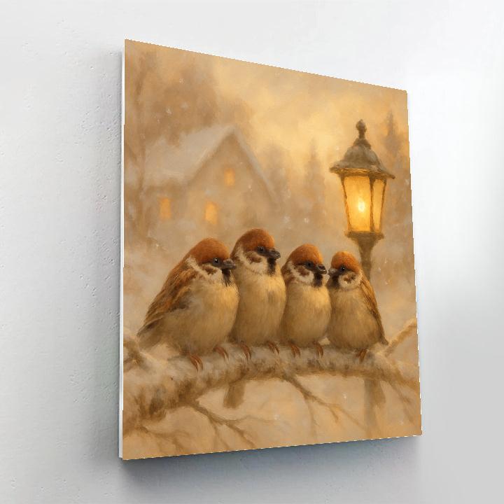 Lantern Glow Among Winter Sparrows paint by numbers