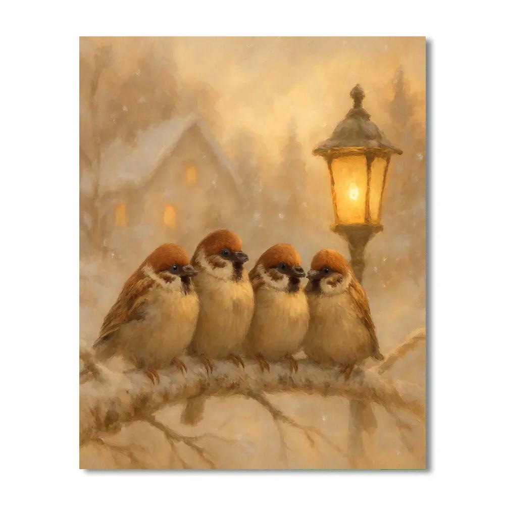 Lantern Glow Among Winter Sparrows paint by numbers