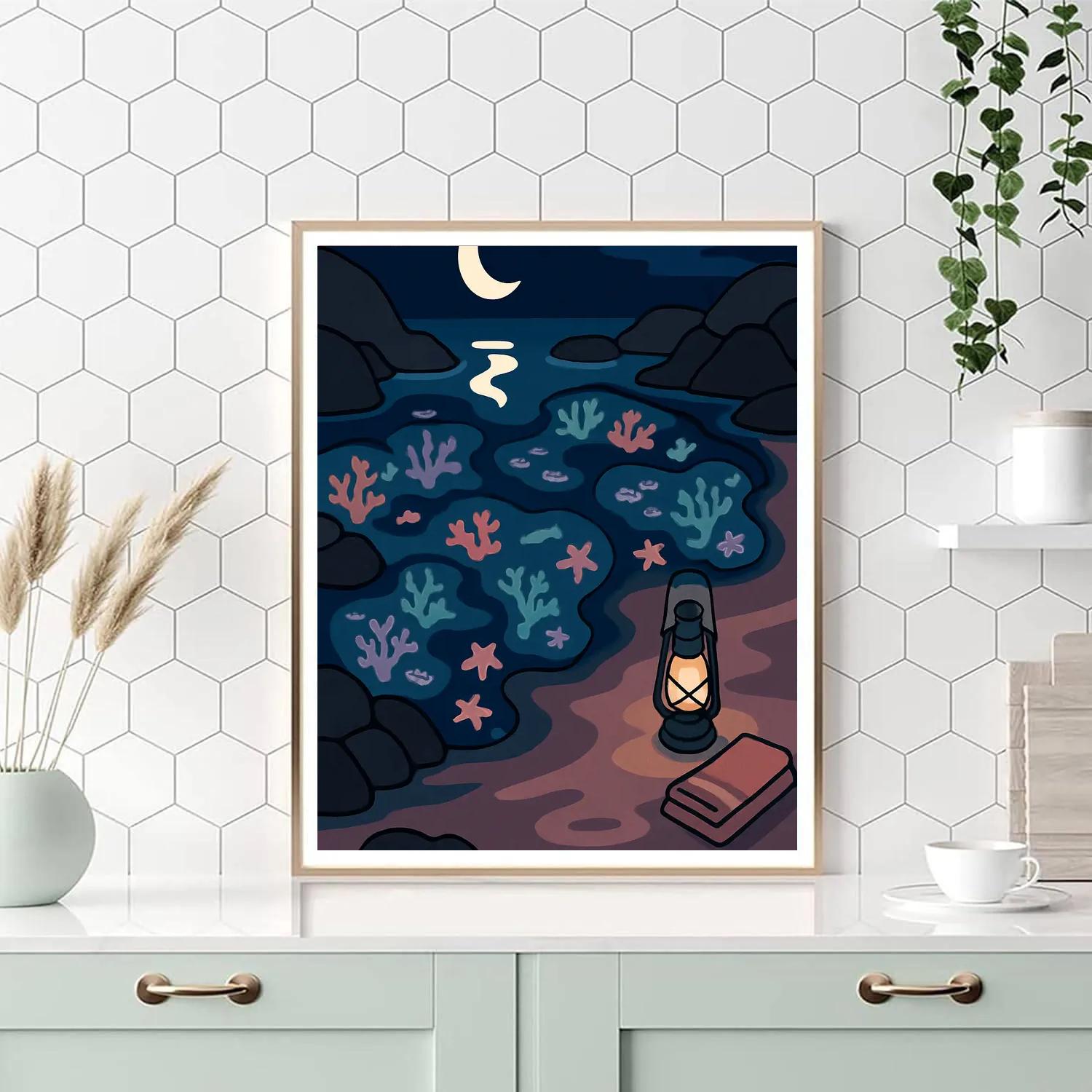 Moonlit Tidepool Beach Dreamscape Numbered painting kits