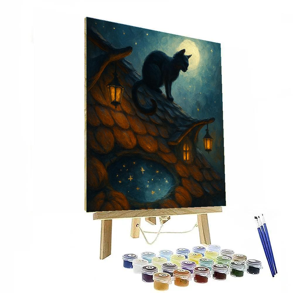 Black Cat Stargazer On The Pumpkin Roof paint by number