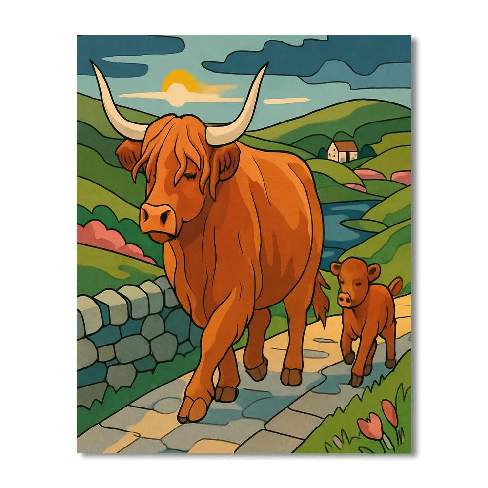 Highland Pasture With Cow At Dusk DIY paint by numbers