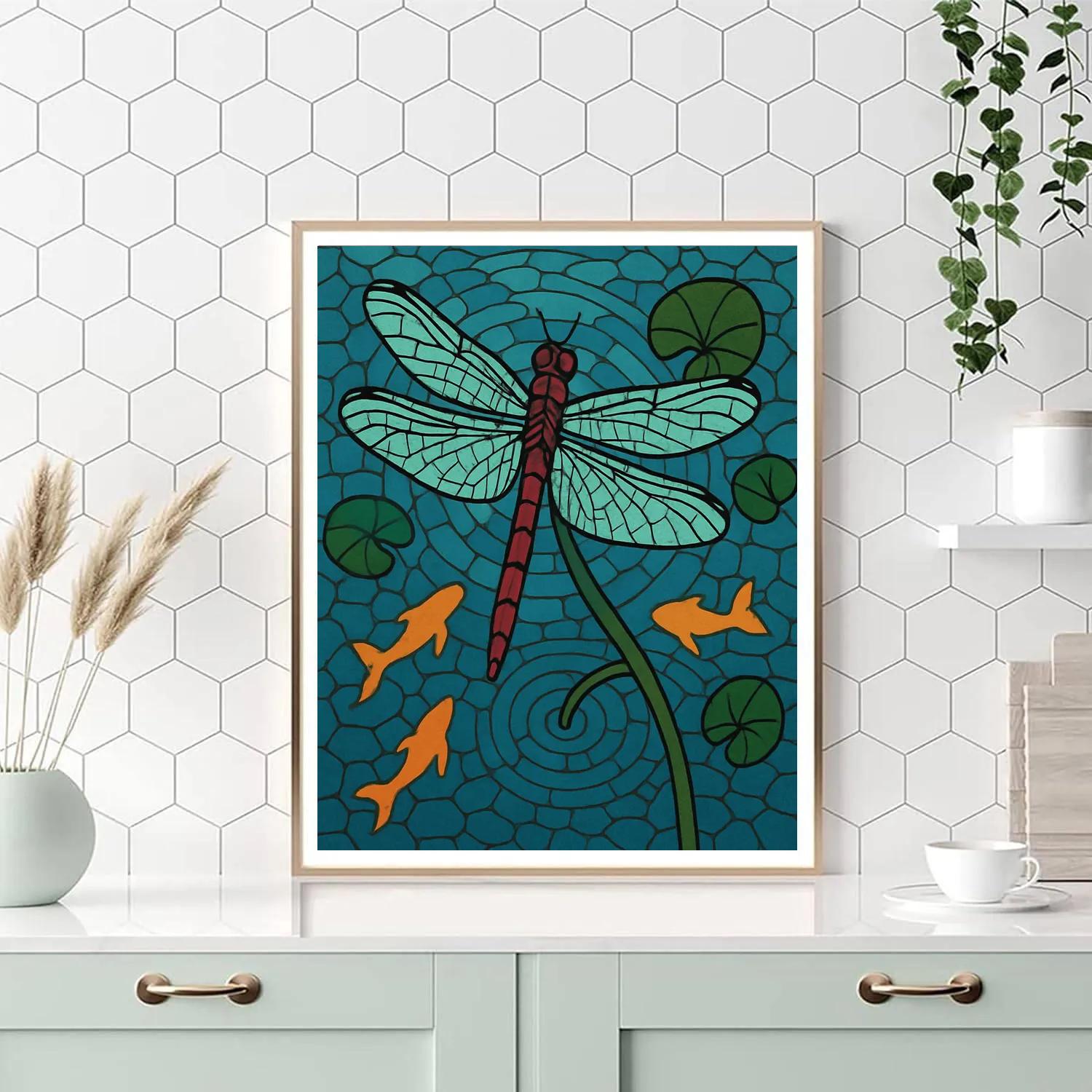 Dragonfly-Threaded Water Garden Mosaic Number painting