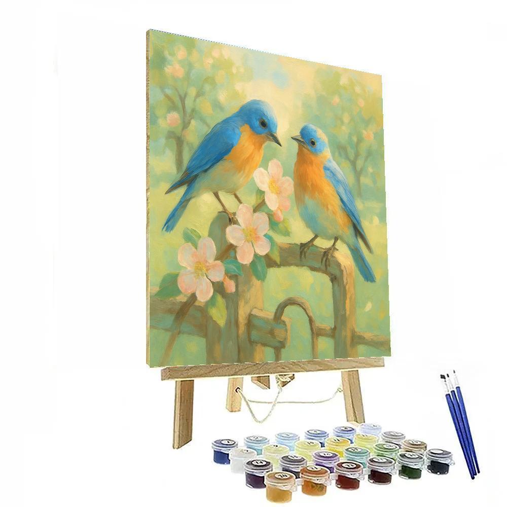 Spring Orchard Bluebirds On Blossom Gate paint by number