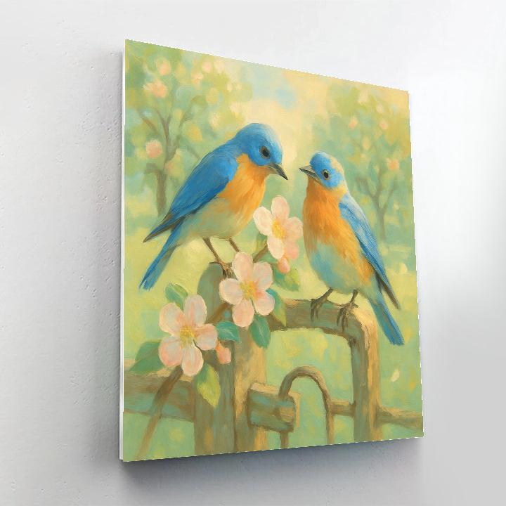 Spring Orchard Bluebirds On Blossom Gate paint by number