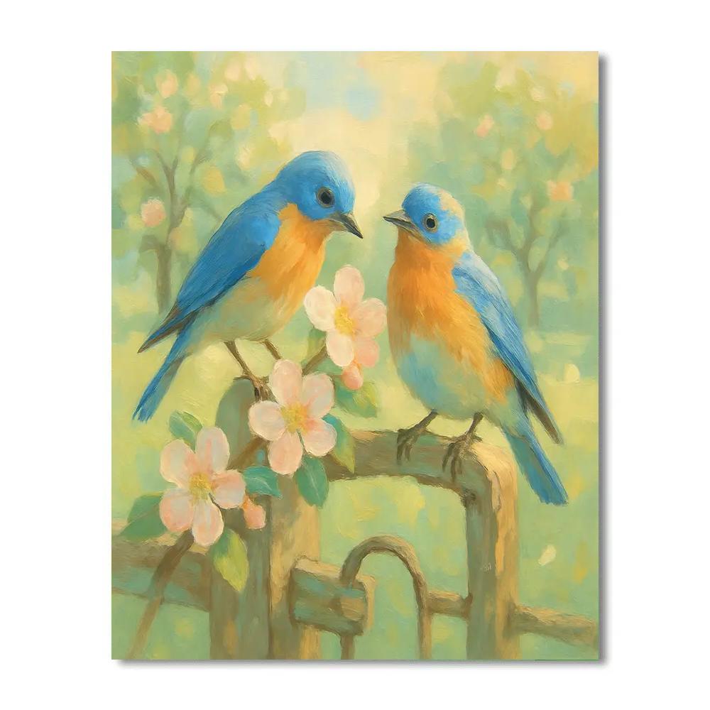Spring Orchard Bluebirds On Blossom Gate paint by number