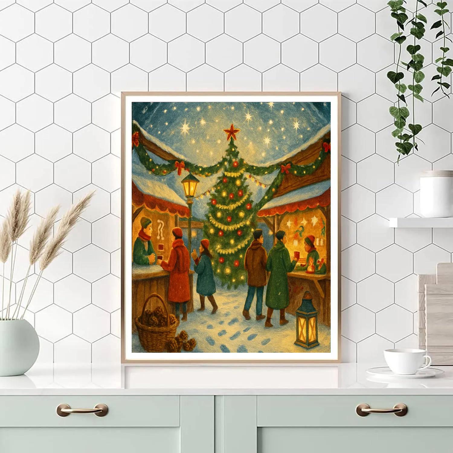 Holiday Market Under A Snow Globe Sky Number painting