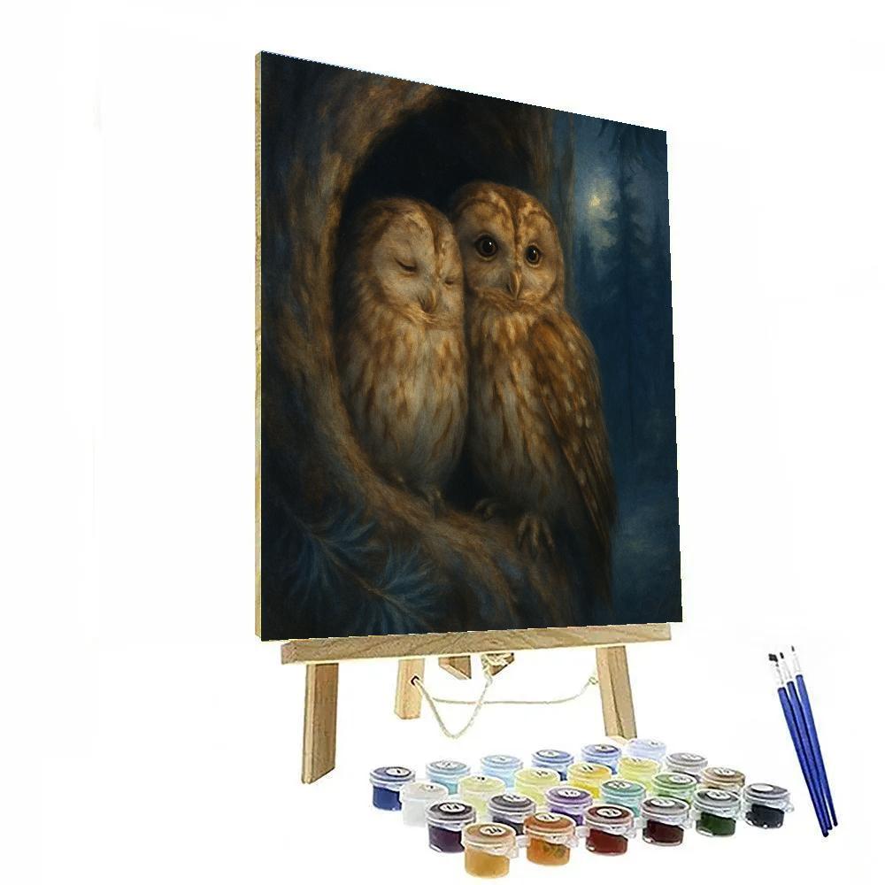 Moonlit Pine Hollow With Resting Owls paint by number