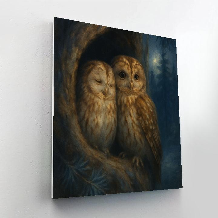 Moonlit Pine Hollow With Resting Owls paint by number