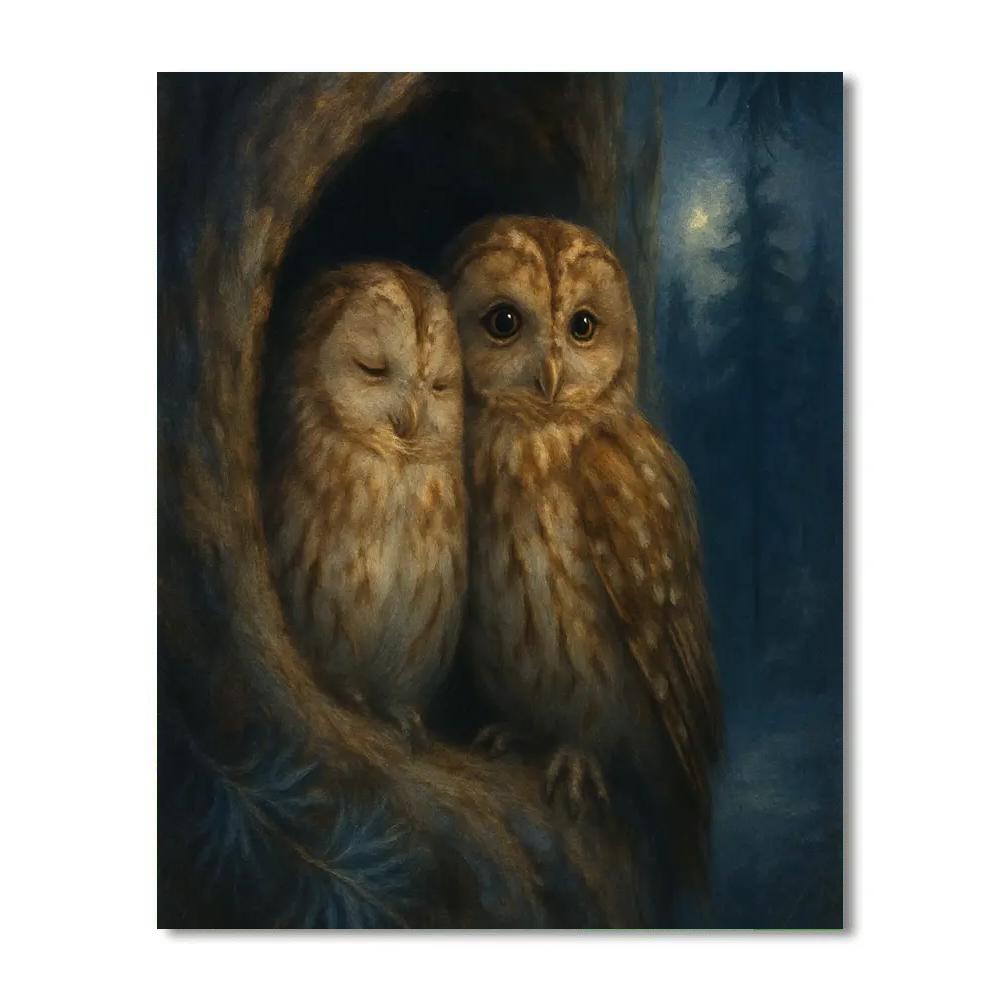 Moonlit Pine Hollow With Resting Owls paint by number